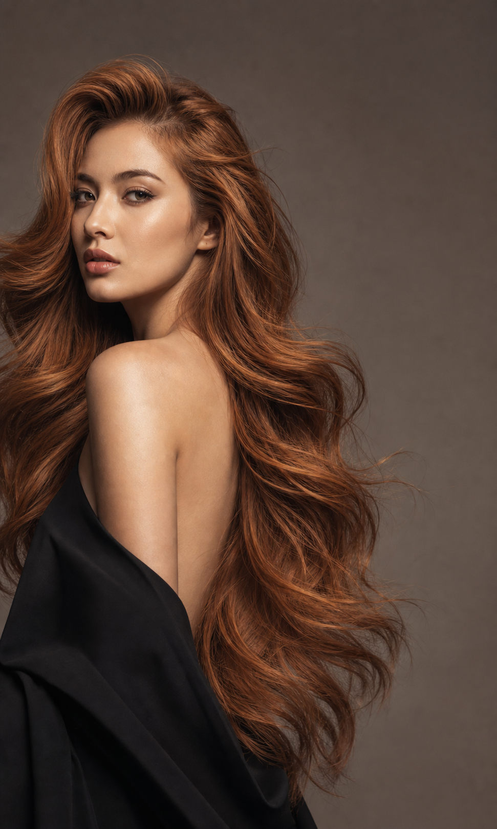 Editorial portrait with long copper hair