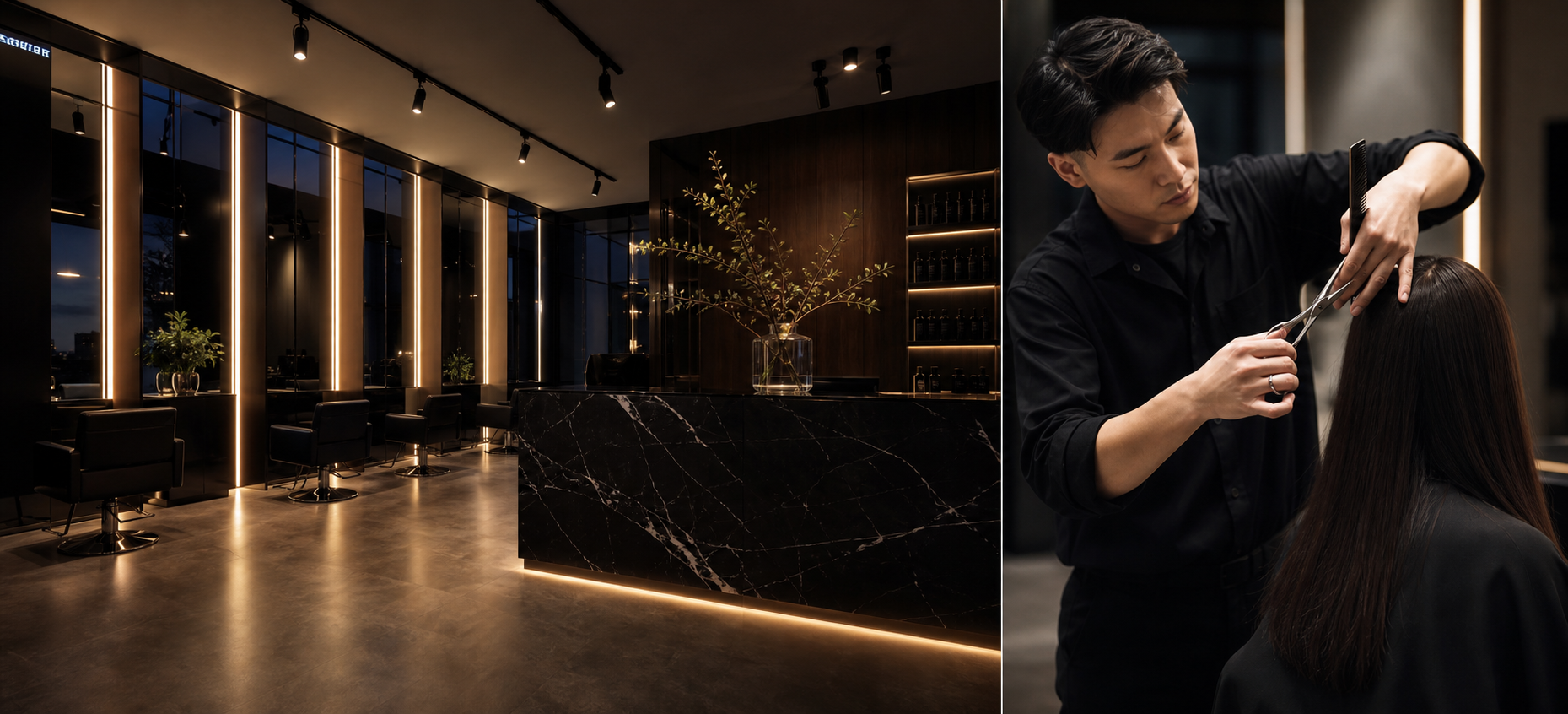 Contemporary salon interior and stylist at work